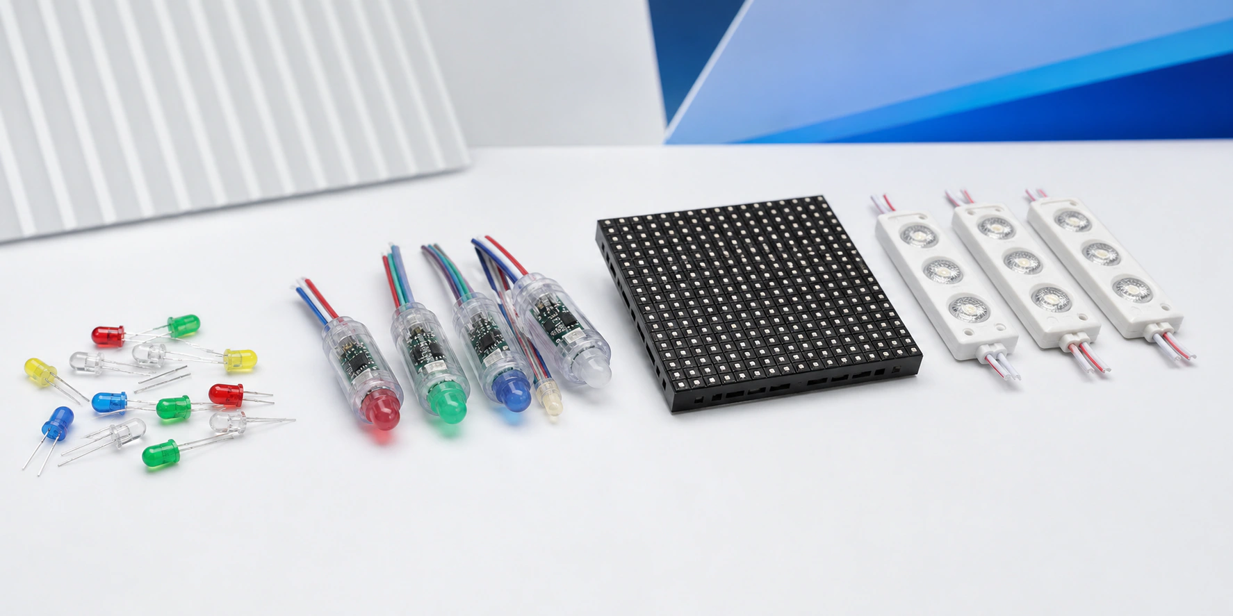 LED components arranged from round LEDs to modern pixel lights and display modules